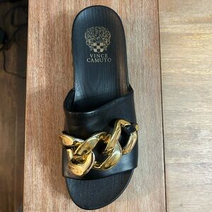 Vince Camuto Black Leather Slide Sandal with Gold Chain Accent